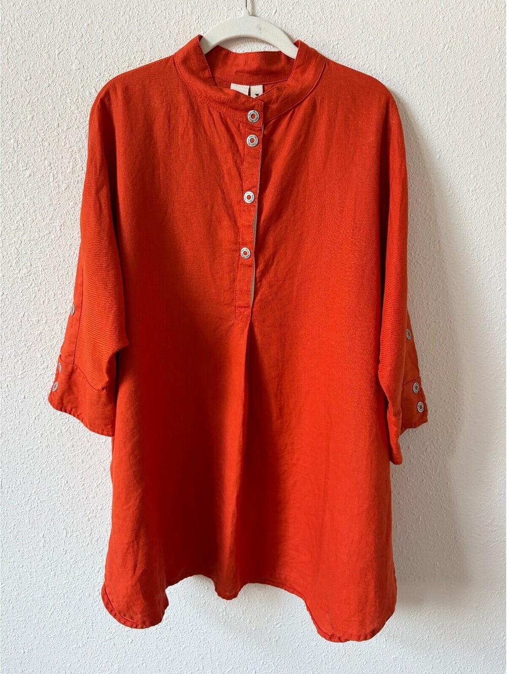 Hugo Flear 100% Linen Mandarin Collar Tunic Top Size XL? Red Orange Lagenlook